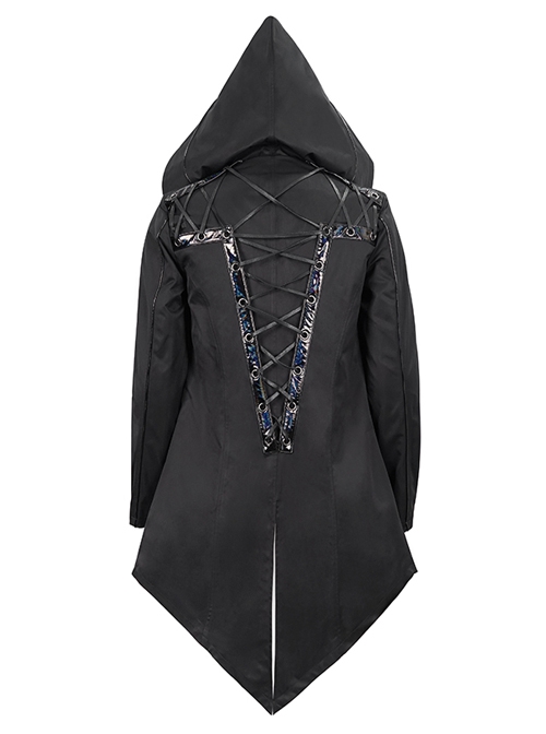 Punk Dark Style Back Splicing Straps Design Black Windproof Fabric Daily Matching Hooded Casual Male Coat