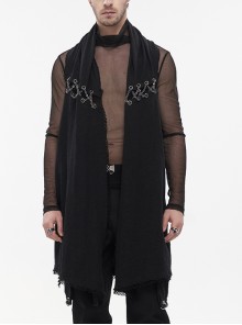 Punk Black Aluminum Chain Stitching Design Distressed Cotton Linen All Seasons Vest Coat Male