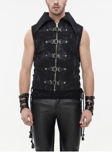 Punk Irregular Print D-Shaped Buckle Decoration Black Waist Side Slits Tied Rope Tight Zipper Dovetail Vest Male