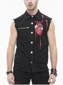 Punk Simple Everyday Stand Collar Print Black Sleeveless Male Shirt
