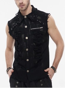 Standing Collar Irregular Hand-Painted Black Sleeveless Metal Decoration Tattered Shirt Male