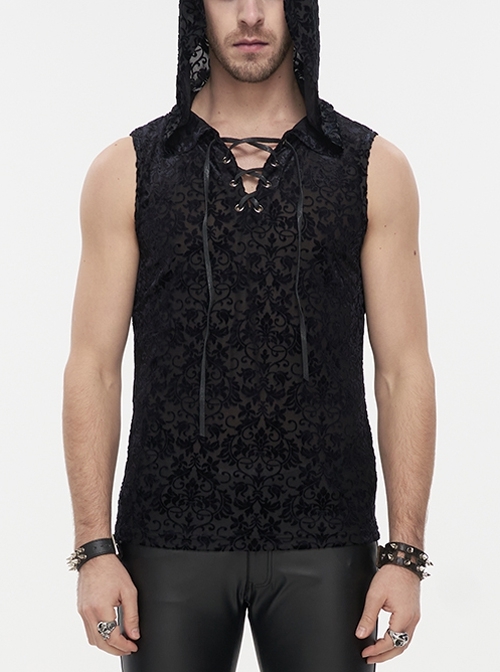Black Velvet Jacquard Chest Tie Sleeveless Hooded Punk Shirt Male