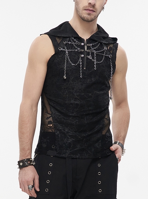 Skull Hollowed Out Print Stitched Sleeveless Chain Black Punk Hoodie Shirt Male