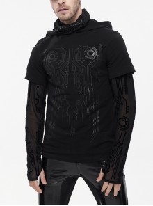 Paneled Mesh Long Sleeve Super High Collar Masked Circuit Diagram Printed Black Punk Hooded Knitted T-Shirt Male