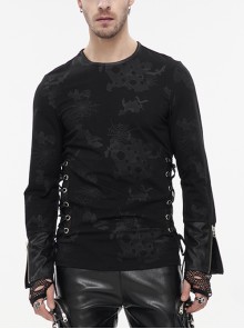Broken Holes Spider Web Print Lace-Up Zip Black Crew Neck Long Sleeve Knit T-Shirt Male