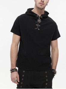 Tatting Hooded Mesh Splice Zipper Back Openwork Lace-Up Black Punk Casual Short Sleeve T-Shirt Male