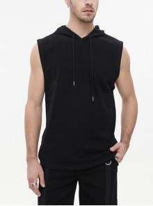 Irregular Simple Versatile Sleeveless Hooded Knit Black Punk Tank Top Male