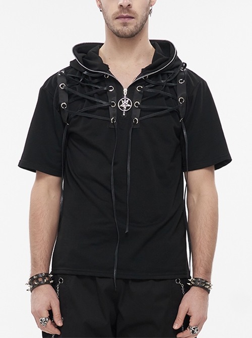 Punk Metal Zipper Lace-Up Knit Loose Casual Black Hooded Short Sleeve T-Shirt Male