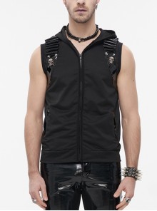 Punk Metal Skull Patent Leather Bullet Clip Textured Black Zip Hooded Sleeveless Tank Top Male