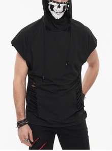 Skull Print Super High Neck Masked Rivet Hole Black Punk Hooded Short Sleeve T-Shirt Male