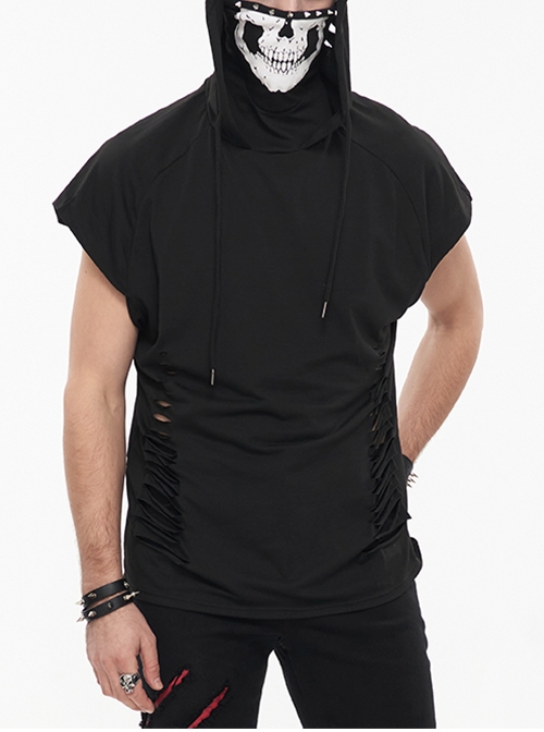 Skull Print Super High Neck Masked Rivet Hole Black Punk Hooded Short Sleeve T-Shirt Male