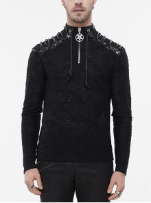 Black High Collar Stitched Metal Lace-Up Pentagram Hollow Texture Design Punk Long Sleeve T-Shirt Male
