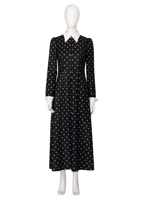 TV Drama Wednesday Addams Halloween Cosplay Costume Printing Black Long Sleeve Dress