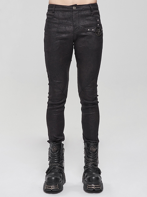 Black Basic Funds  Metal Pentagram Crackle Punk Slim Pants Male