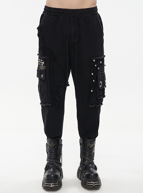 Steampunk Decadent Stitching To Make Old Pocket Metal Rivet Decoration Black Break Hole Pants Male
