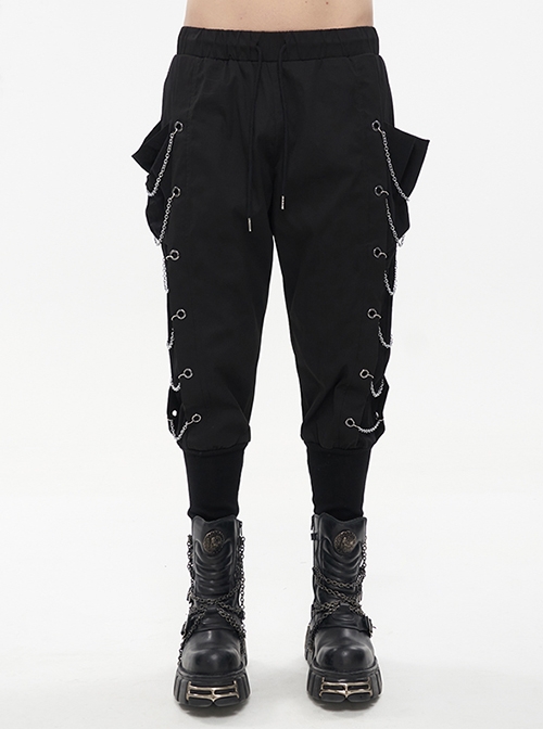 Steampunk Big Pocket Symmetrical Metal Chain Black Harem Pants Male