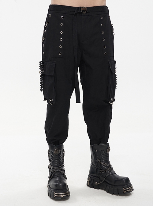 Punk Tatting Multi-Pocket Metal Chain Black Cargo Pants Male
