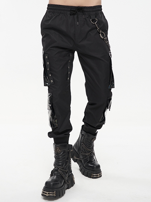 Punk Multi Pocket Splicing Illusory Color Removable Metal Left Chain Design Black Cargo Pants Male