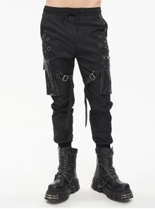 Dark Multi-Pocket Leather Splicing Metal Leg Ring Black Male Punk Pants Male