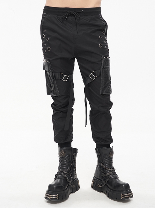 Dark Multi-Pocket Leather Splicing Metal Leg Ring Black Male Punk Pants Male