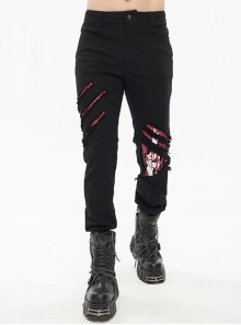 Basic Twill Ripped Leg-Bone Bleed Print Black Punk Pants Male
