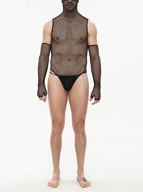 Punk Black Male Transparent Mesh Sexy Super High Collar Masked Glove Thong Onesie