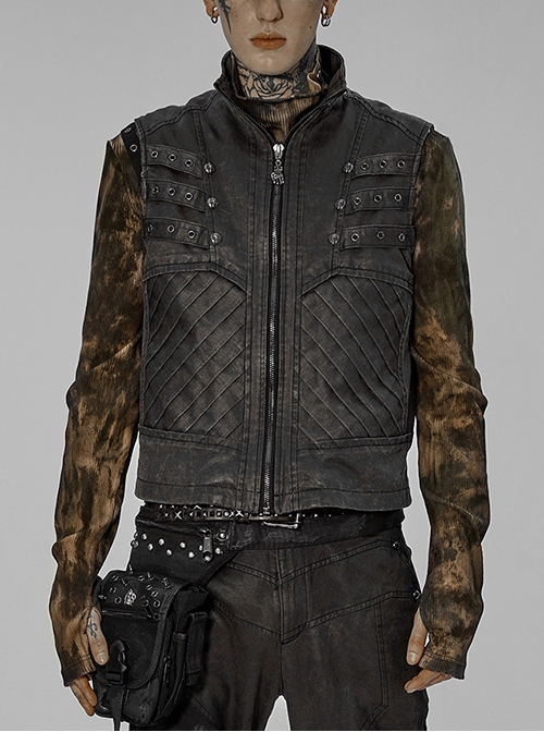 Punk Post-Apocalyptic Stand Collar Twill Metal Skull Zip Gray Vest Male