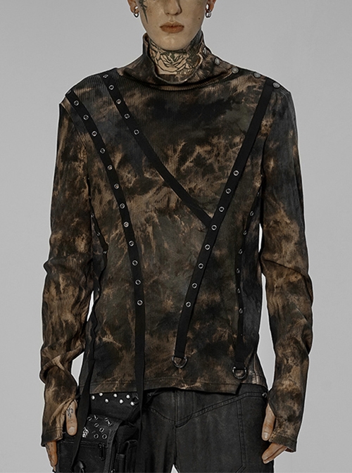 Punk Asymmetric Metal Buckle Side Button Tie-Dye High Neck Basic Black-Yellow Long Sleeve T-Shirt Male