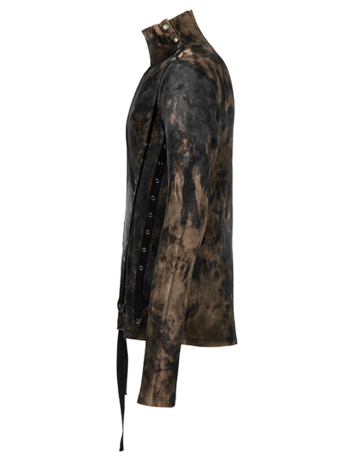Punk Asymmetric Metal Buckle Side Button Tie-Dye High Neck Basic Black-Yellow Long Sleeve T-Shirt Male