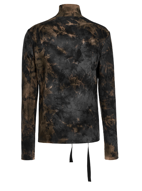 Punk Asymmetric Metal Buckle Side Button Tie-Dye High Neck Basic Black-Yellow Long Sleeve T-Shirt Male