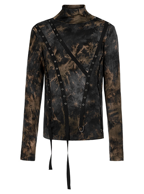 Punk Asymmetric Metal Buckle Side Button Tie-Dye High Neck Basic Black-Yellow Long Sleeve T-Shirt Male
