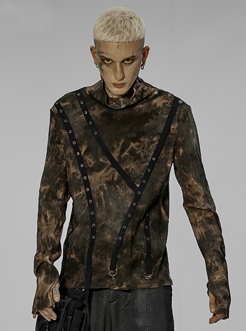 Punk Asymmetric Metal Buckle Side Button Tie-Dye High Neck Basic Black-Yellow Long Sleeve T-Shirt Male