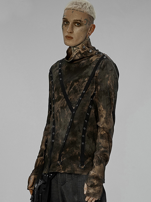 Punk Asymmetric Metal Buckle Side Button Tie-Dye High Neck Basic Black-Yellow Long Sleeve T-Shirt Male
