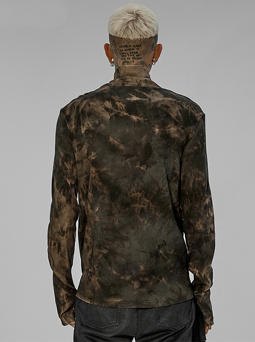 Punk Asymmetric Metal Buckle Side Button Tie-Dye High Neck Basic Black-Yellow Long Sleeve T-Shirt Male