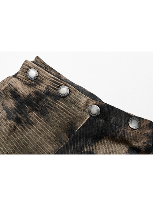 Punk Asymmetric Metal Buckle Side Button Tie-Dye High Neck Basic Black-Yellow Long Sleeve T-Shirt Male