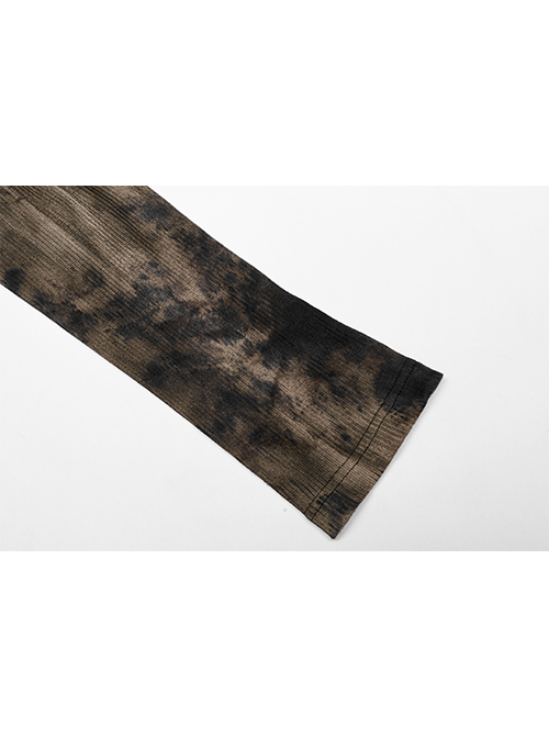 Punk Asymmetric Metal Buckle Side Button Tie-Dye High Neck Basic Black-Yellow Long Sleeve T-Shirt Male
