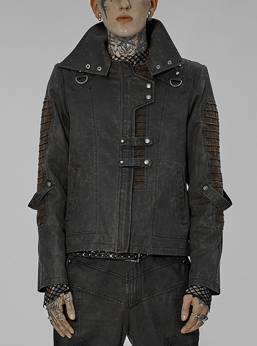 Punk Post-Apocalyptic Stitching Asymmetric High-Neck Metal-Embellished Grey-Coffee Male Short Loose Coat