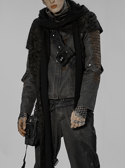 Punk Post-Apocalyptic Irregular Broken Hole Knit Black Hooded Scarf