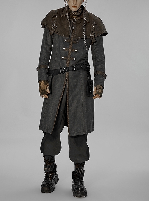Punk Stand Collar Splicing Fake Two Piece Cape Design Metal Buckle Grey Long Coat Male