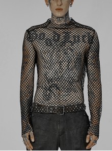 Punk Black Mesh See-Through Sexy Long Sleeve T-Shirt Male