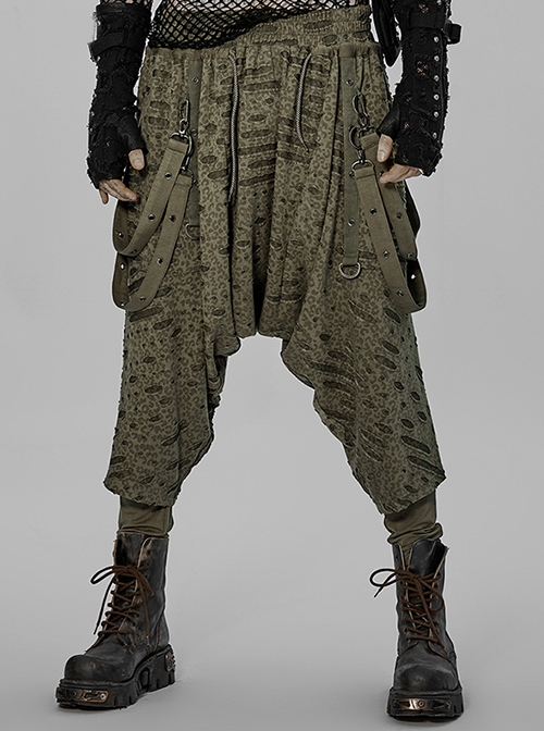 Green Punk Casual Irregular Pattern Detachable D-Shaped Buckle Lateral Loop Hanging Crotch Pants Male