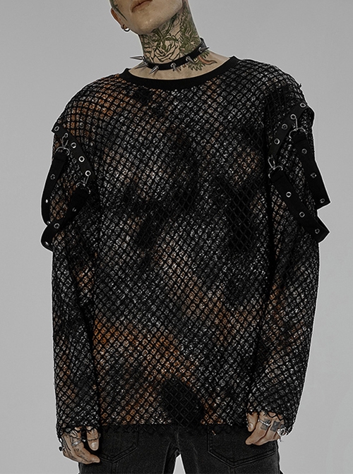 Black-Yellow Punk Casual Crewneck Tie-Dye Mesh Metal Shoulder Strap Decorate Knit Long Sleeve T-Shirt Male