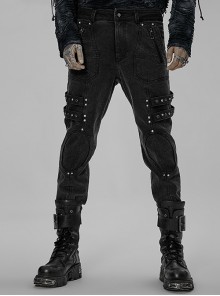 Punk Doomsday Twill Skull Buckle Splicing Side Half Ring Leg Metal Embellished Black Long Pants Male