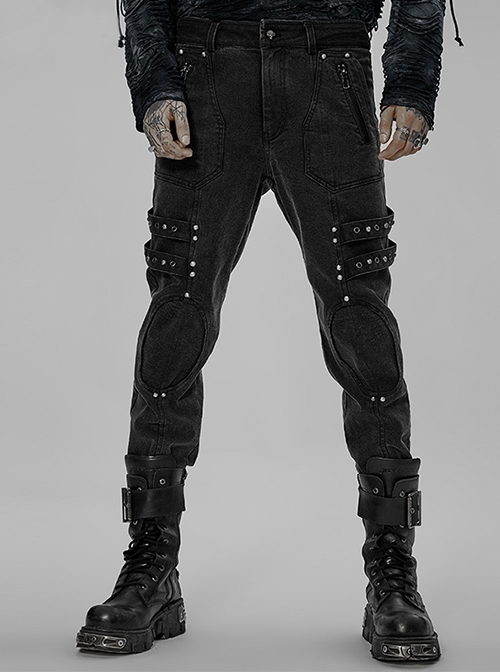 Punk Doomsday Twill Skull Buckle Splicing Side Half Ring Leg Metal Embellished Black Long Pants Male