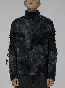 Punk Post-Apocalyptic Turtleneck Tattered Tie-Dye Print Lace-Up Black-Blue Long-Sleeve T-Shirt Male