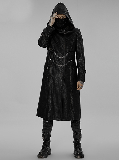 Punk Black Asymmetrical Stand Collar Printed Metal Chain Zip Long Jacket Male