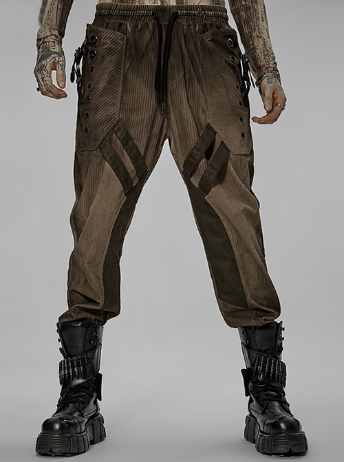 Punk Doomsday Airbrushed Distressed Symmetric Panel Coffee Corduroy Long Pants Male