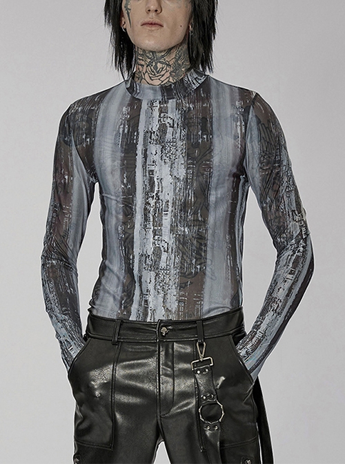 Punk High Collar Technology Sense Printing Elasticity Tight Black-Grey Long Sleeves T-Shirt Male
