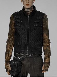 Punk Post-Apocalyptic Stand Collar Twill Metal Skeleton Claw Zip Black Vest Male