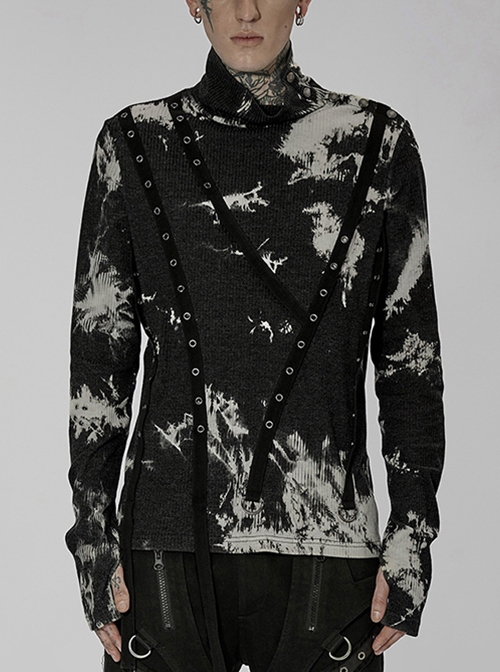 Punk Asymmetric Metal Buckle Side Button Tie-Dye High Neck Basic Black-White Long Sleeve T-Shirt Male